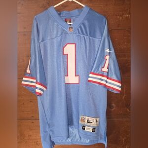 NWT Warren Moon NFL Reebok Light Blue Jersey with Red and White Stripes. Size L